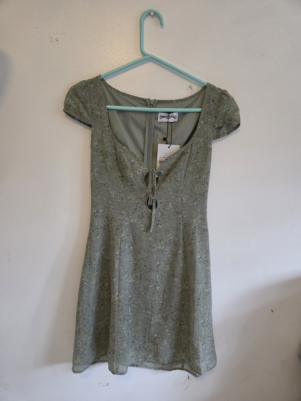 Princess Polly Sage Green Floral Tie-Front Mini Dress